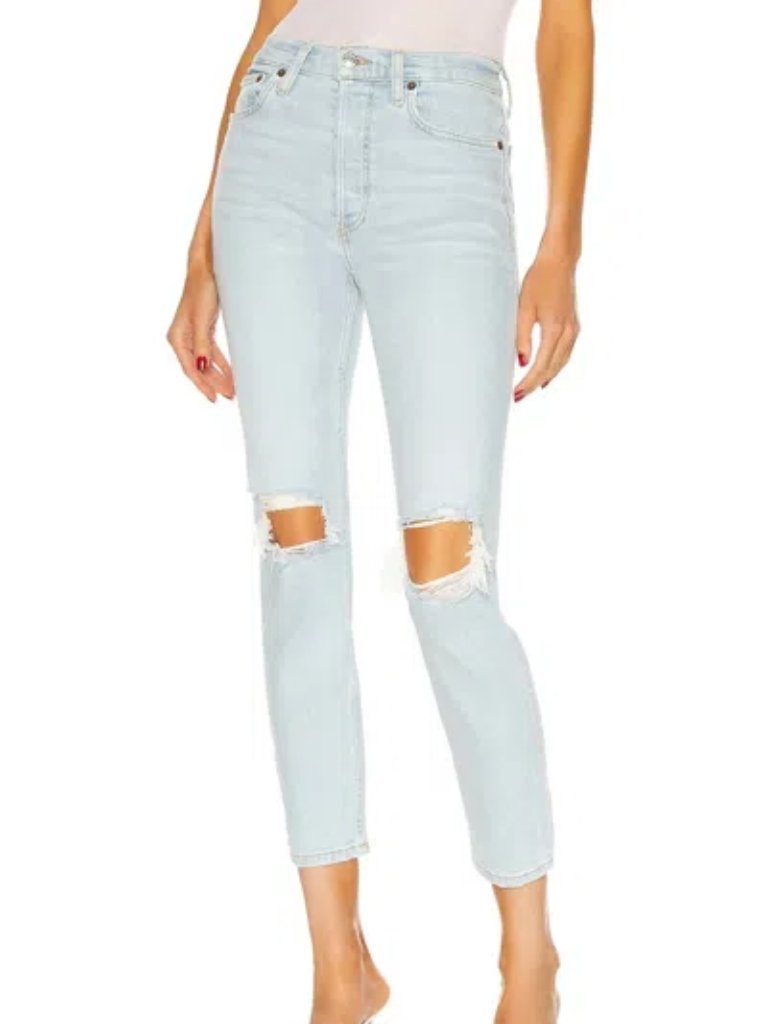 Re Done Jeans 90s High Rise Ankle Crop Distress Button Fly Cotton Denim Blue 26